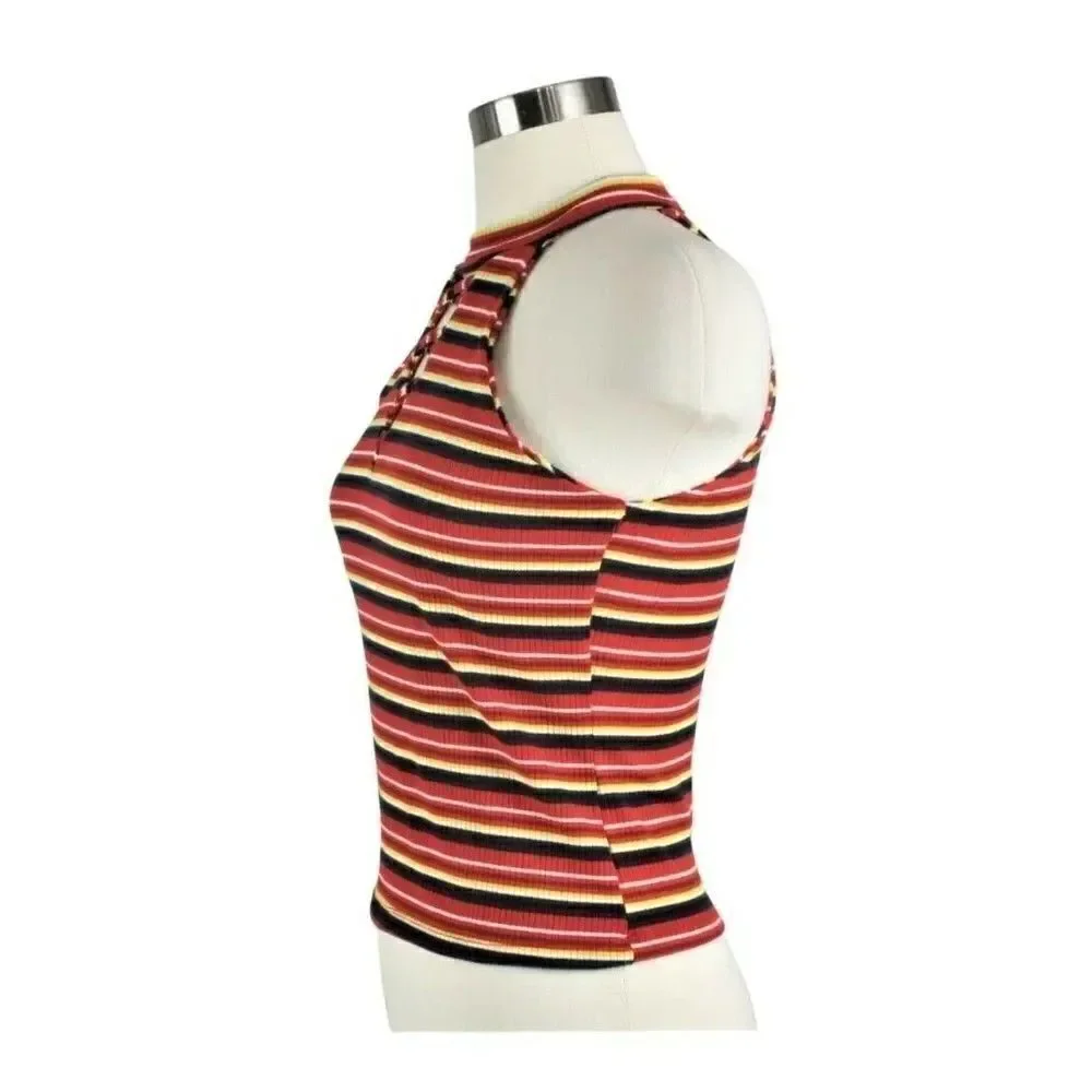 Halter Top Cropped Sleeveless Ribbed Knit Pullover Striped Orange Juniors LG
